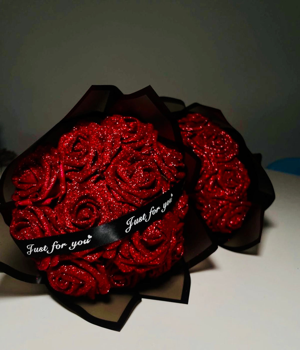 12PCS Glitter Rose DIY Bouquet Kit – Everlasting Faux Flowers with Ribbon & Gift Wrap