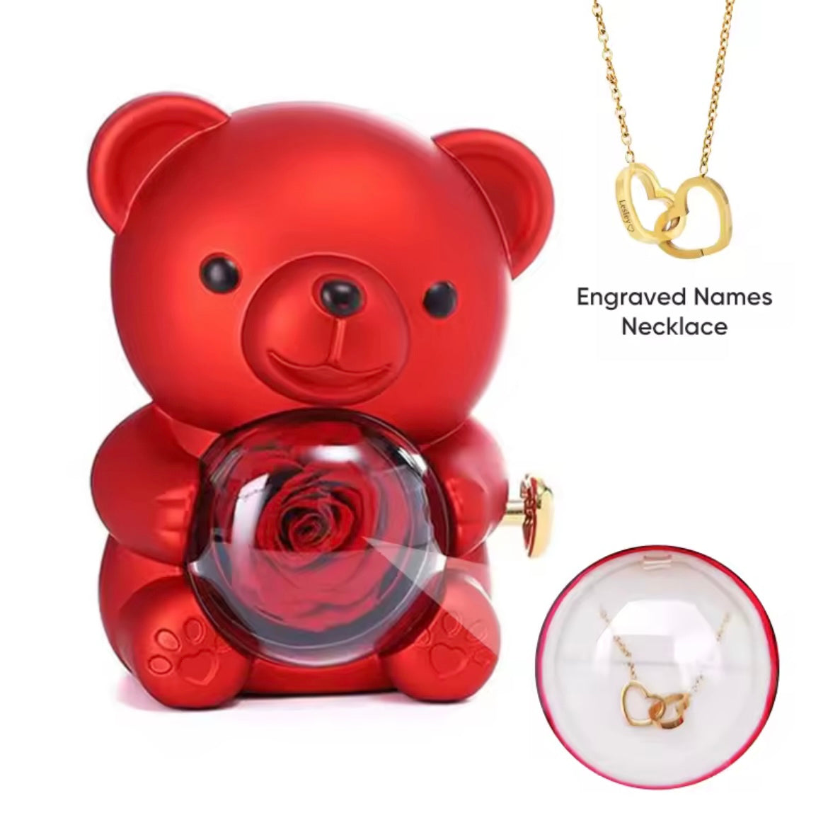 Eternal Rose Hugging Bear-with Custom Engraved Necklace