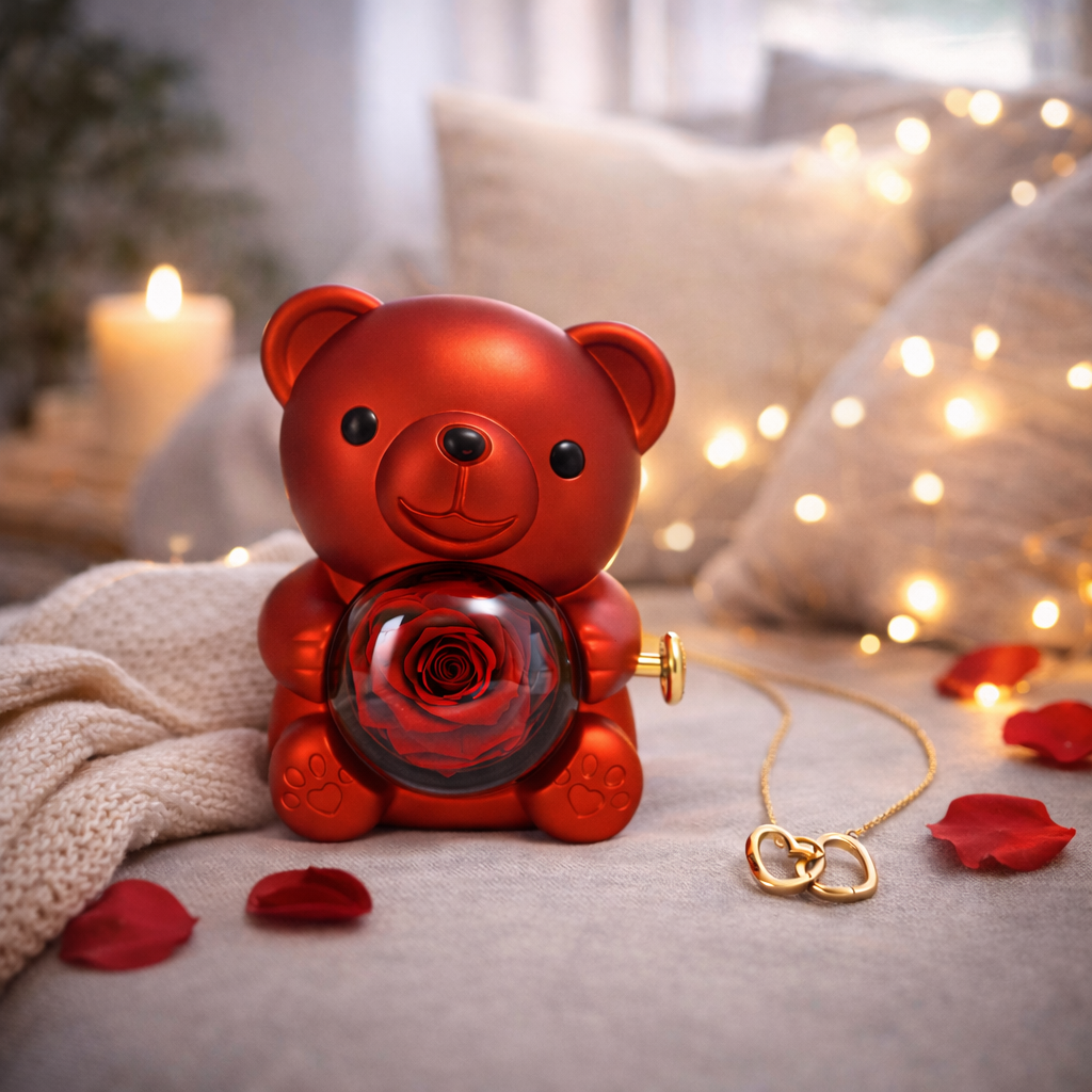 Eternal Rose Hugging Bear-with Custom Engraved Necklace