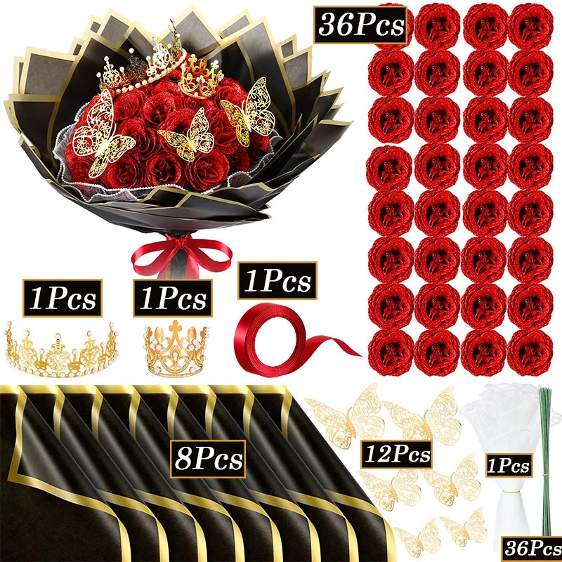 24PCS Glitter Rose DIY Bouquet Kit – Everlasting Faux Flowers with Ribbon & Gift Wrap