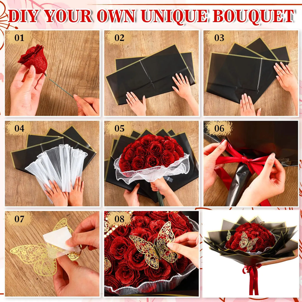24PCS Glitter Rose DIY Bouquet Kit – Everlasting Faux Flowers with Ribbon & Gift Wrap