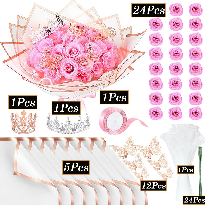 24PCS Glitter Rose DIY Bouquet Kit – Everlasting Faux Flowers with Ribbon & Gift Wrap