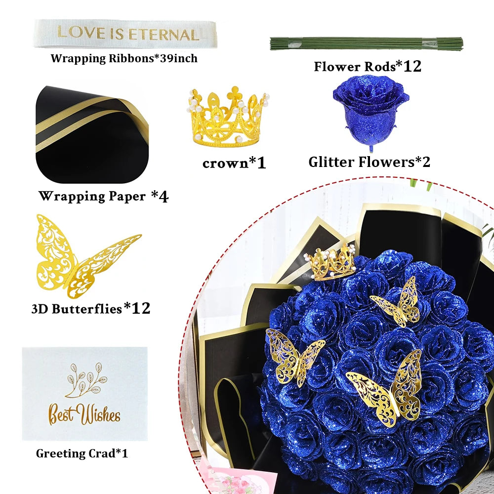 12PCS Glitter Rose DIY Bouquet Kit – Everlasting Faux Flowers with Ribbon & Gift Wrap