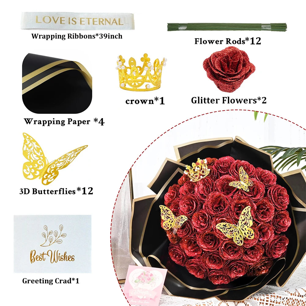 12PCS Glitter Rose DIY Bouquet Kit – Everlasting Faux Flowers with Ribbon & Gift Wrap