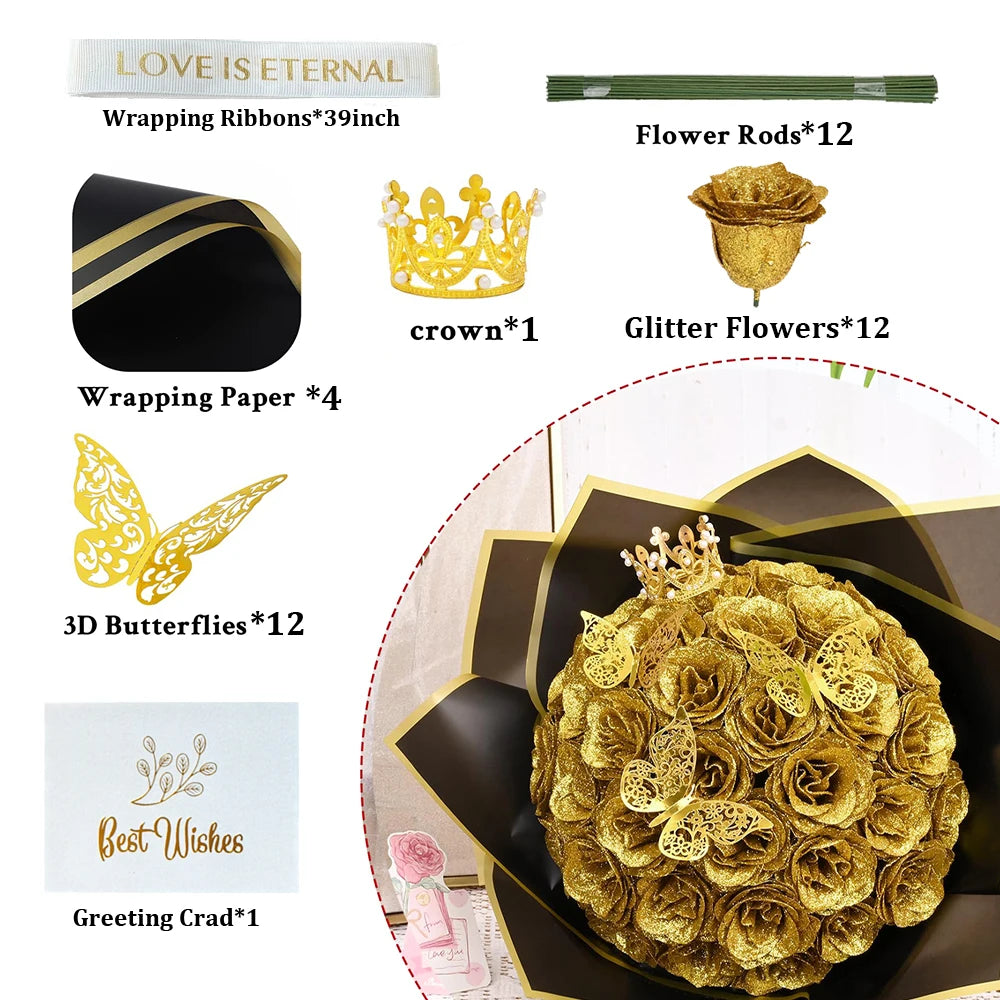 12PCS Glitter Rose DIY Bouquet Kit – Everlasting Faux Flowers with Ribbon & Gift Wrap